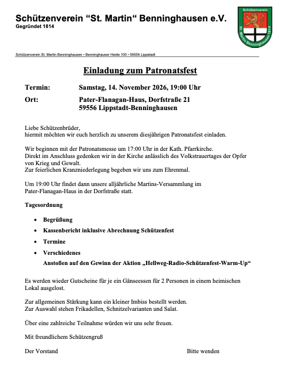 Einladung zum Patronatsfest und zur Martins-Versammlung