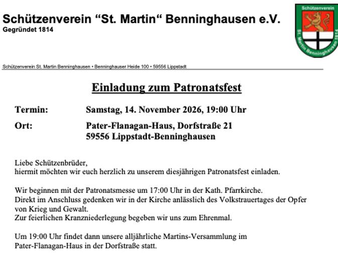 Einladung zum Patronatsfest und zur Martins-Versammlung